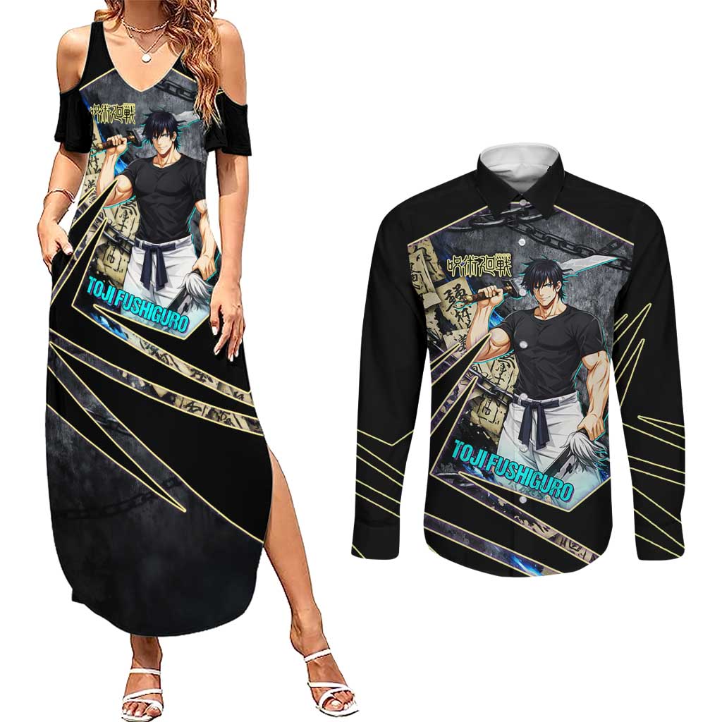 Toji Fushiguro Sorcerer Killer Couples Matching Summer Maxi Dress and Long Sleeve Button Shirt Dark Scroll Samurai Ink Style