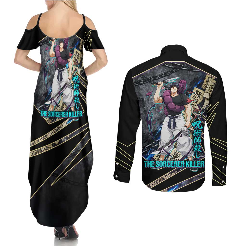 Toji Fushiguro Sorcerer Killer Couples Matching Summer Maxi Dress and Long Sleeve Button Shirt Dark Scroll Samurai Ink Style