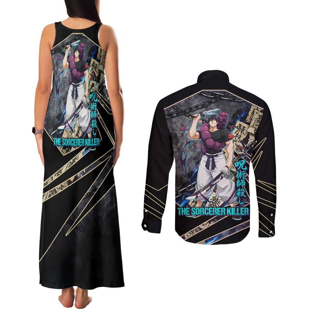 Toji Fushiguro Sorcerer Killer Couples Matching Tank Maxi Dress and Long Sleeve Button Shirt Dark Scroll Samurai Ink Style