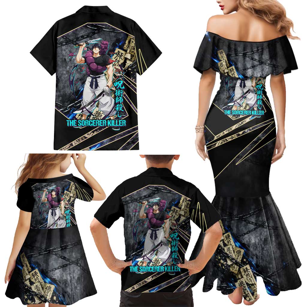 Toji Fushiguro Sorcerer Killer Family Matching Mermaid Dress and Hawaiian Shirt Dark Scroll Samurai Ink Style