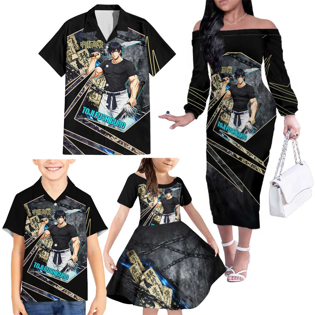 Toji Fushiguro Sorcerer Killer Family Matching Off The Shoulder Long Sleeve Dress and Hawaiian Shirt Dark Scroll Samurai Ink Style