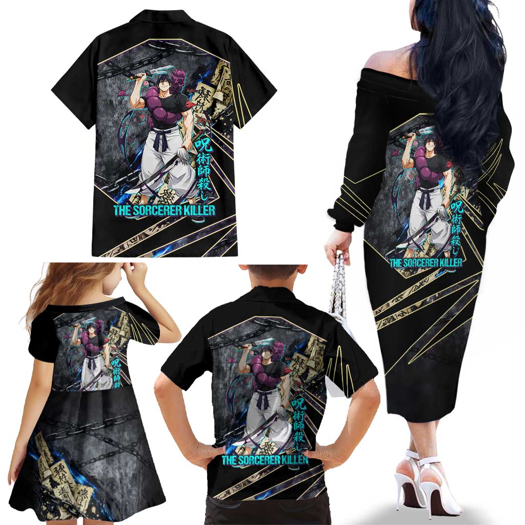 Toji Fushiguro Sorcerer Killer Family Matching Off The Shoulder Long Sleeve Dress and Hawaiian Shirt Dark Scroll Samurai Ink Style
