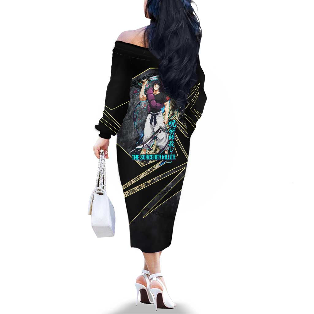 Toji Fushiguro Sorcerer Killer Family Matching Off The Shoulder Long Sleeve Dress and Hawaiian Shirt Dark Scroll Samurai Ink Style