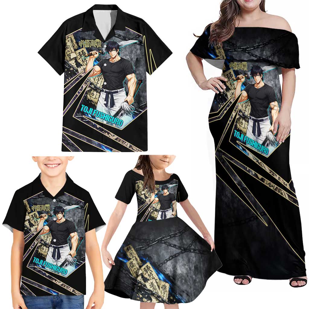 Toji Fushiguro Sorcerer Killer Family Matching Off Shoulder Maxi Dress and Hawaiian Shirt Dark Scroll Samurai Ink Style