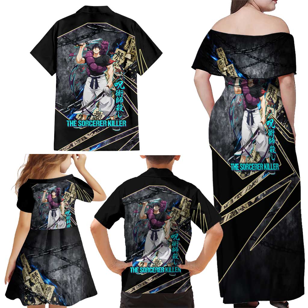 Toji Fushiguro Sorcerer Killer Family Matching Off Shoulder Maxi Dress and Hawaiian Shirt Dark Scroll Samurai Ink Style