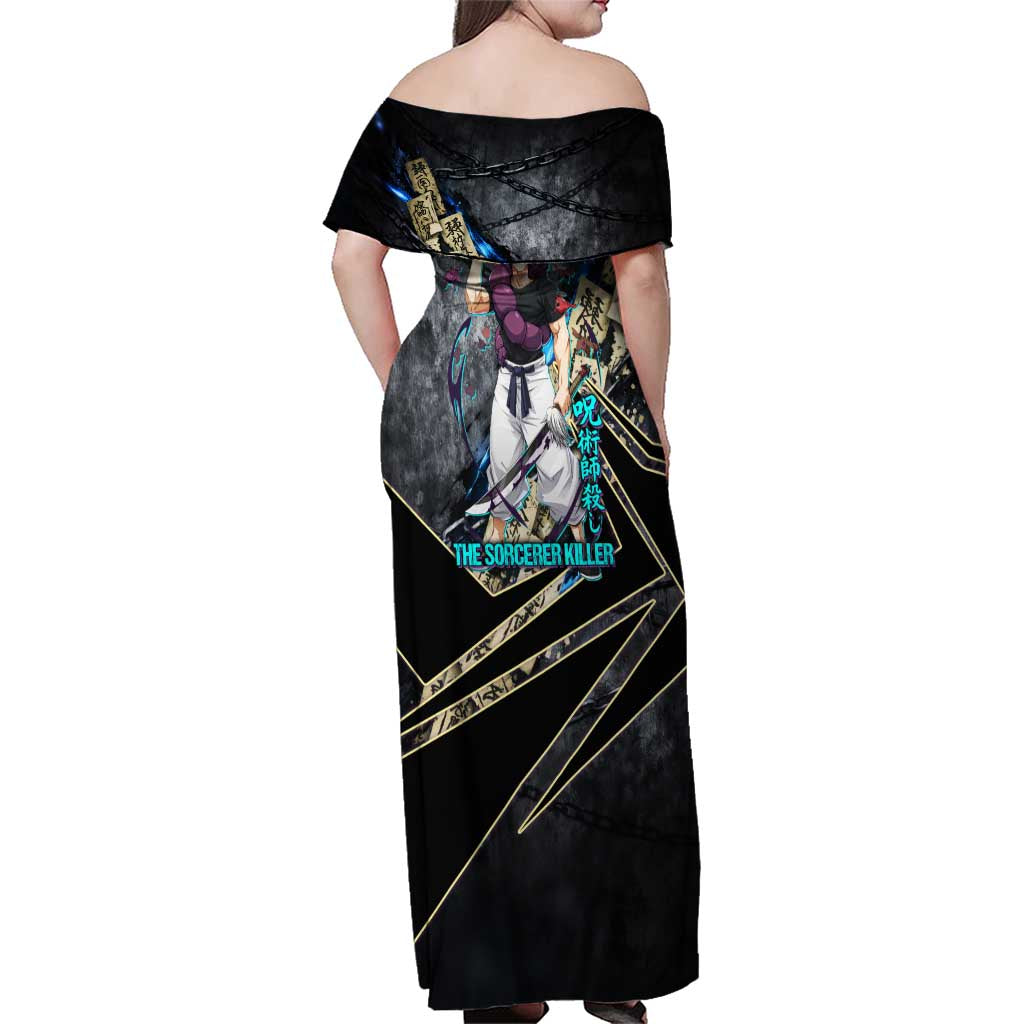 Toji Fushiguro Sorcerer Killer Family Matching Off Shoulder Maxi Dress and Hawaiian Shirt Dark Scroll Samurai Ink Style