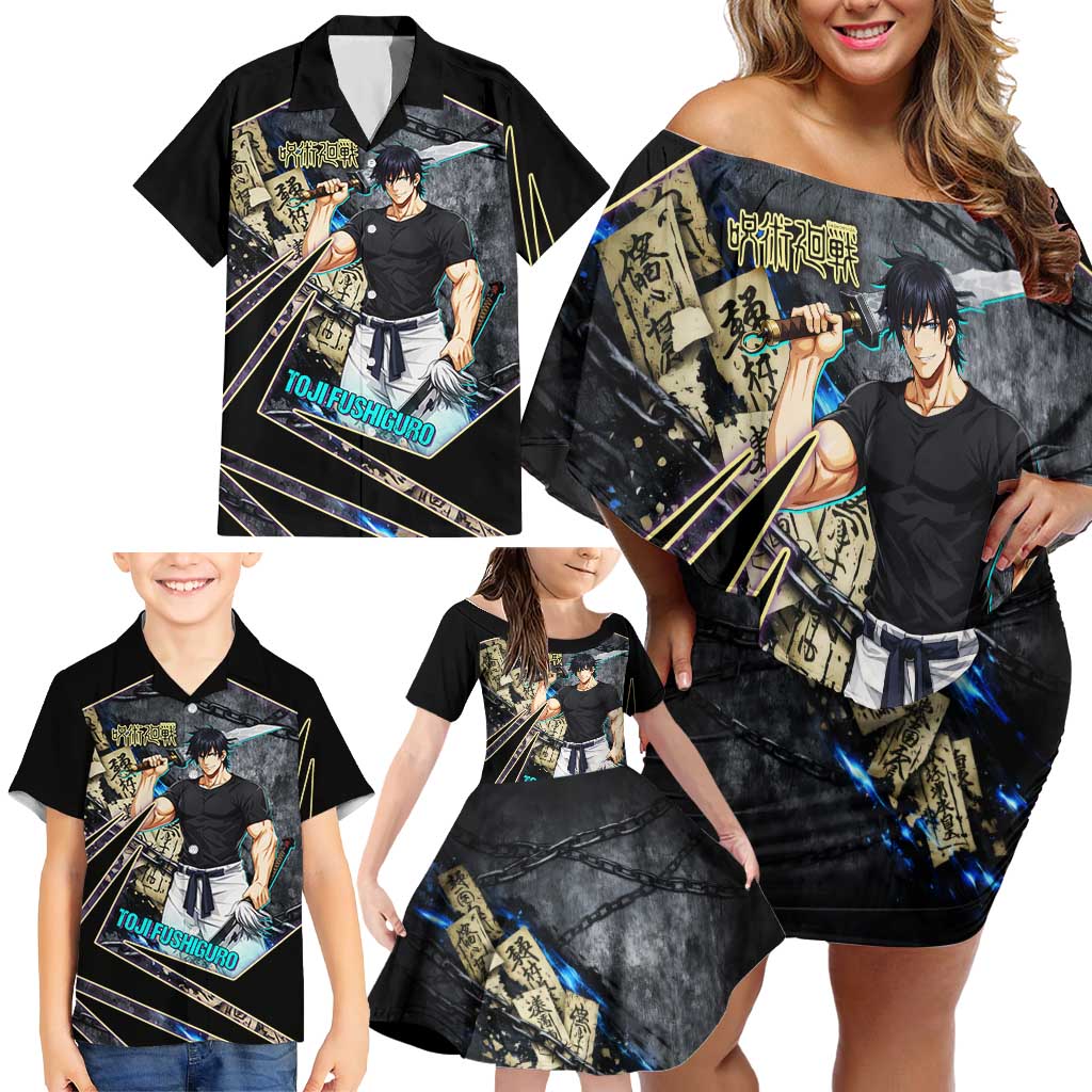 Toji Fushiguro Sorcerer Killer Family Matching Off Shoulder Short Dress and Hawaiian Shirt Dark Scroll Samurai Ink Style