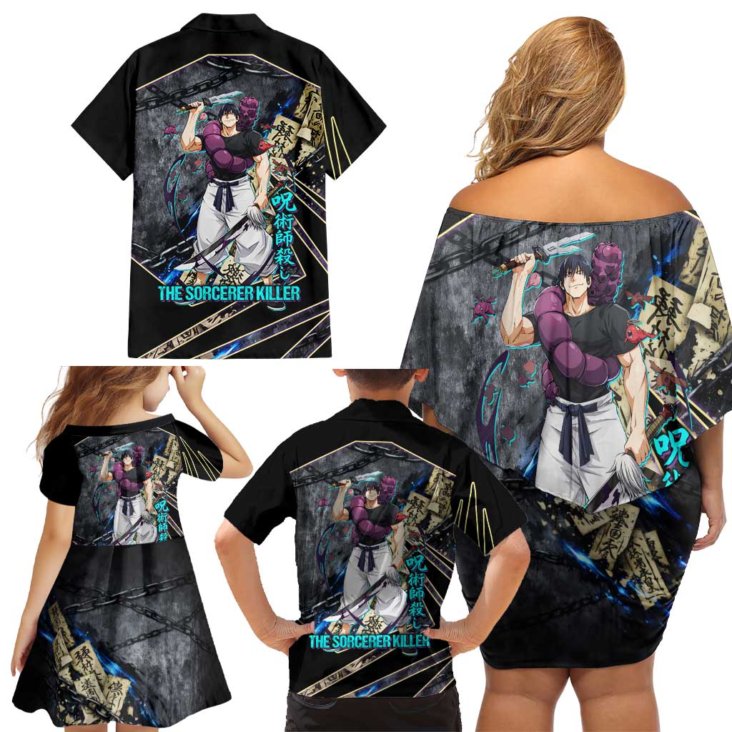 Toji Fushiguro Sorcerer Killer Family Matching Off Shoulder Short Dress and Hawaiian Shirt Dark Scroll Samurai Ink Style