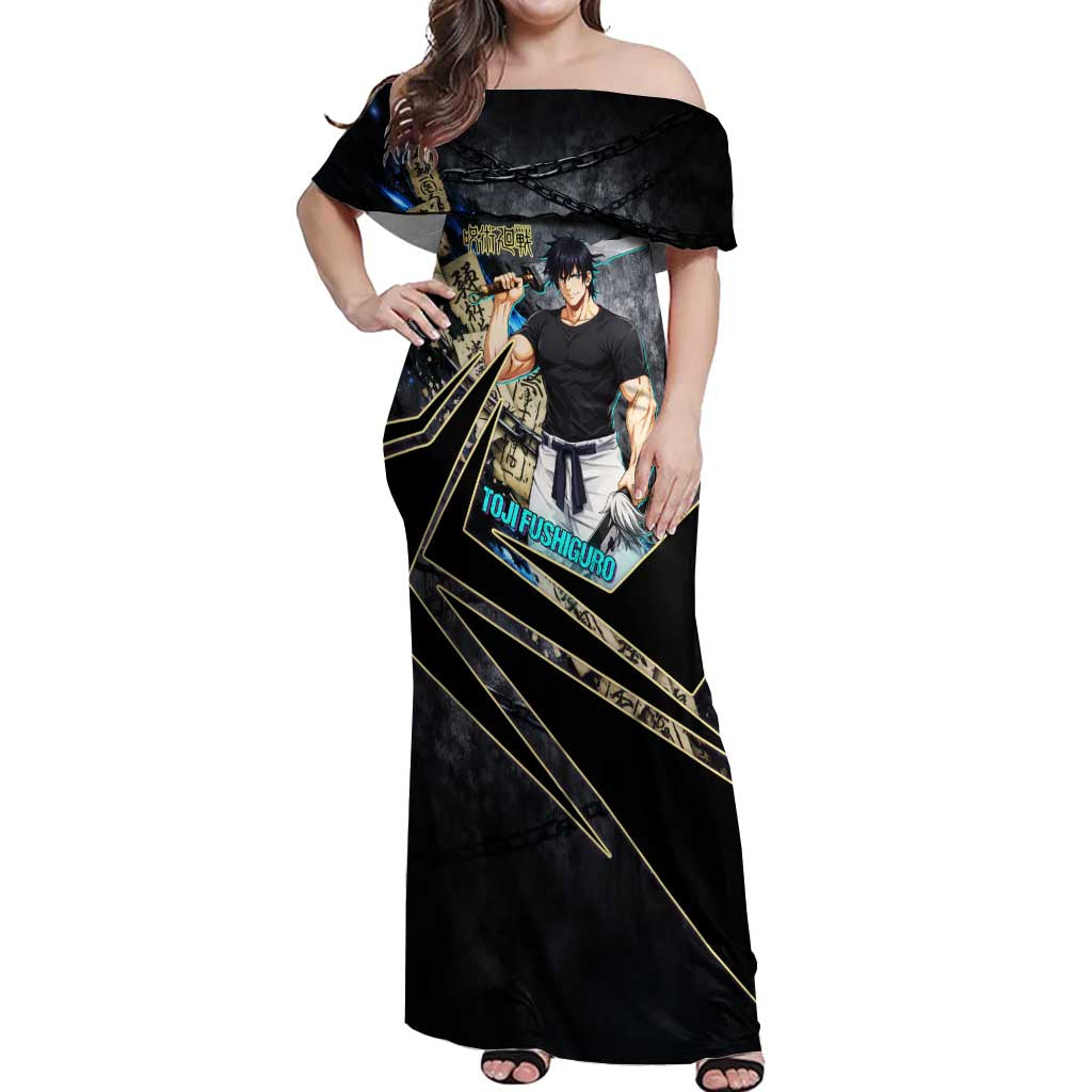 Toji Fushiguro Sorcerer Killer Off Shoulder Maxi Dress Dark Scroll Samurai Ink Style