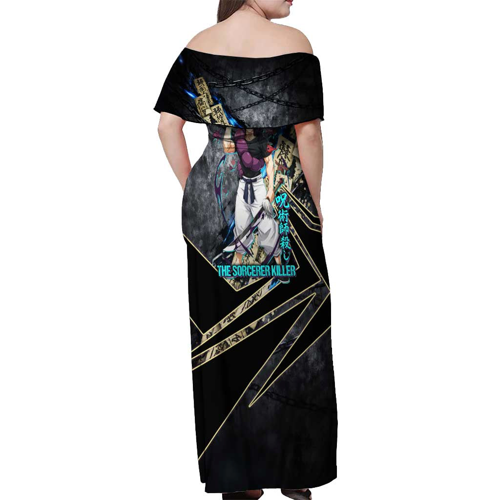 Toji Fushiguro Sorcerer Killer Off Shoulder Maxi Dress Dark Scroll Samurai Ink Style