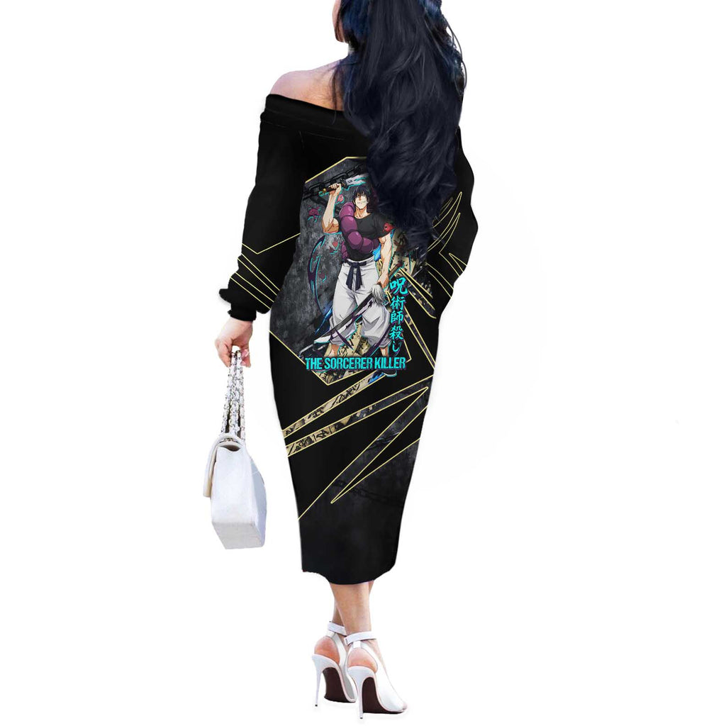 Toji Fushiguro Sorcerer Killer Off The Shoulder Long Sleeve Dress Dark Scroll Samurai Ink Style