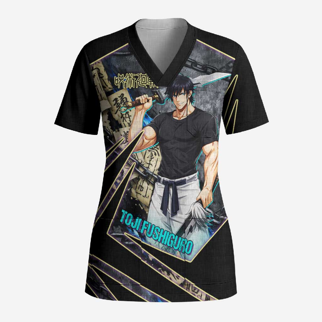 Toji Fushiguro Sorcerer Killer Scrub Top Dark Scroll Samurai Ink Style