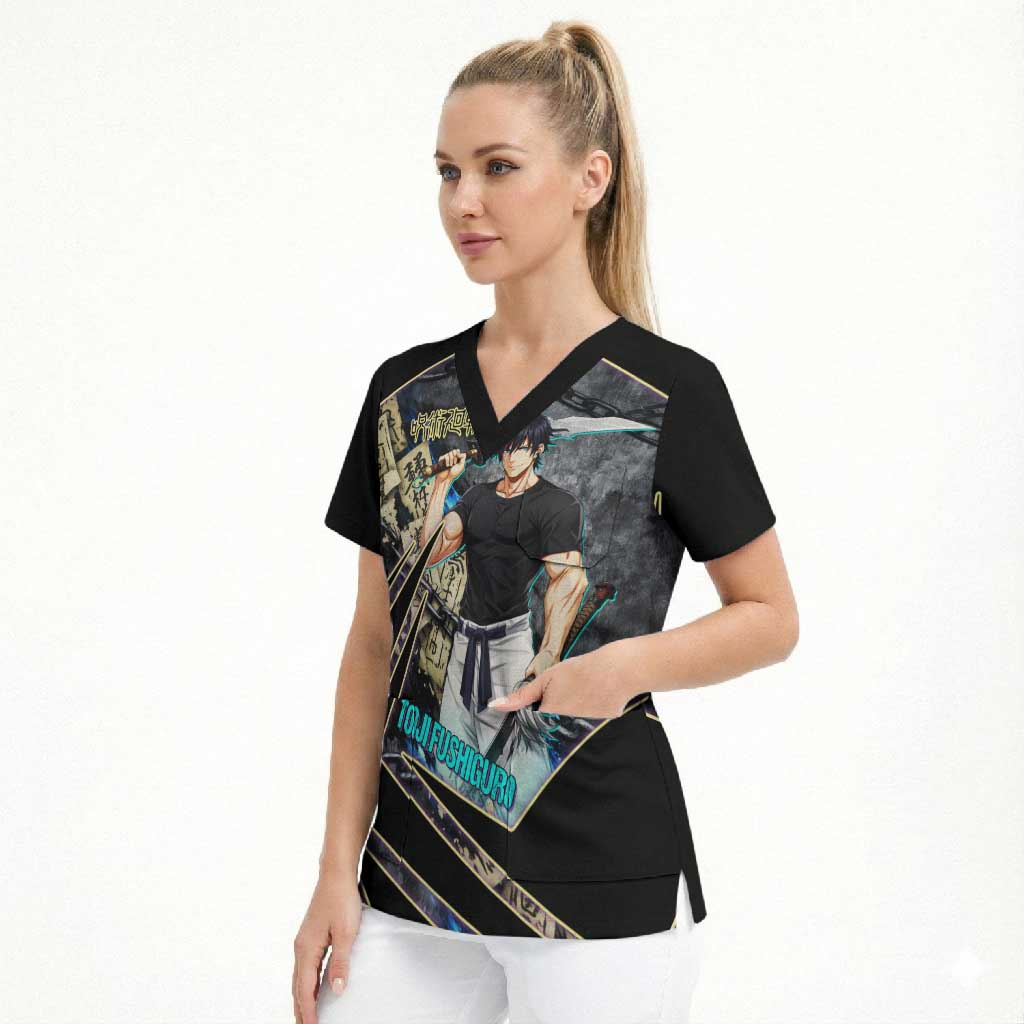 Toji Fushiguro Sorcerer Killer Scrub Top Dark Scroll Samurai Ink Style
