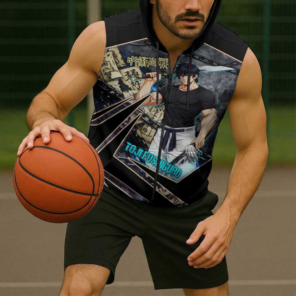Toji Fushiguro Sorcerer Killer Sleeveless Zip Hoodie Dark Scroll Samurai Ink Style