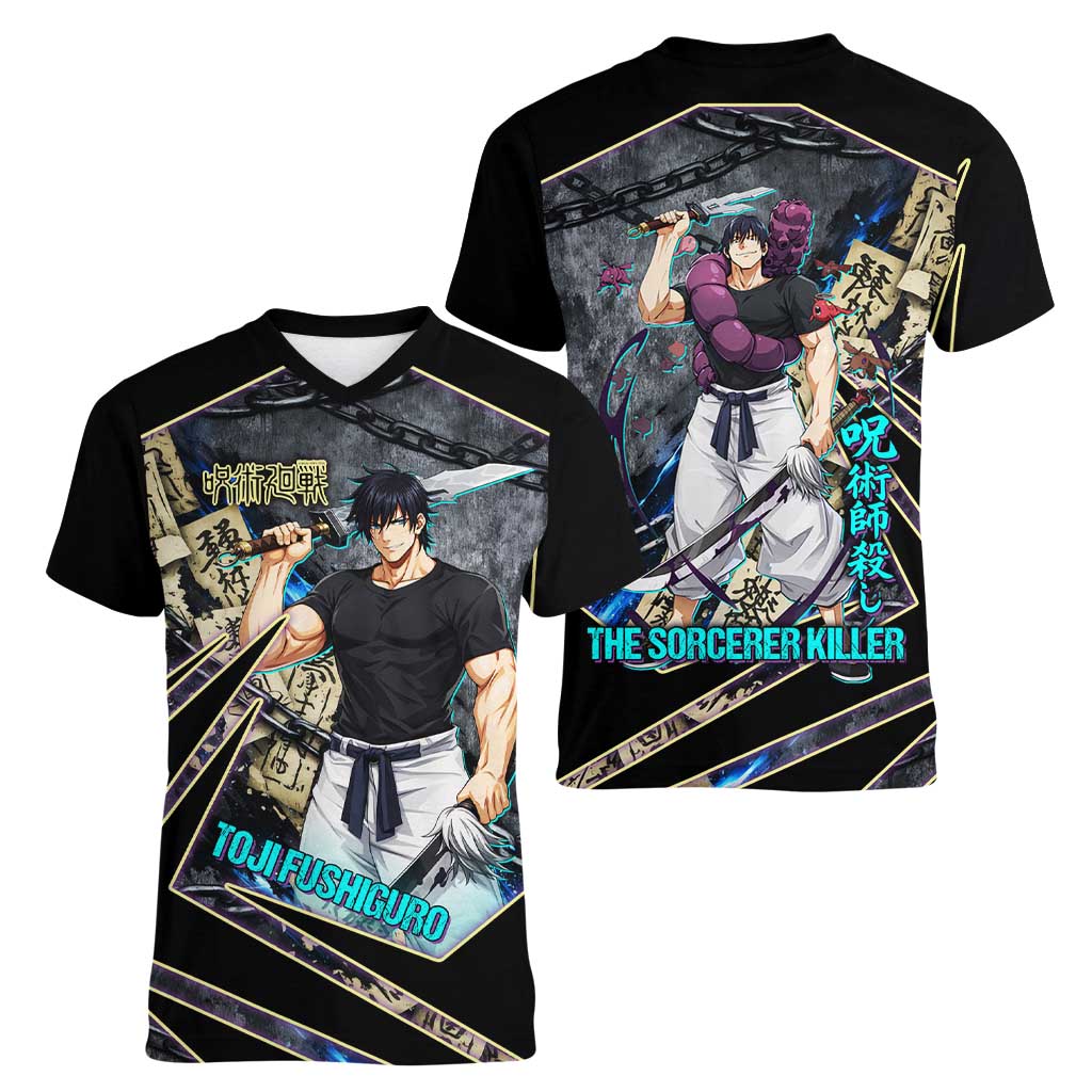 Toji Fushiguro Sorcerer Killer Women V-Neck T-Shirt Dark Scroll Samurai Ink Style