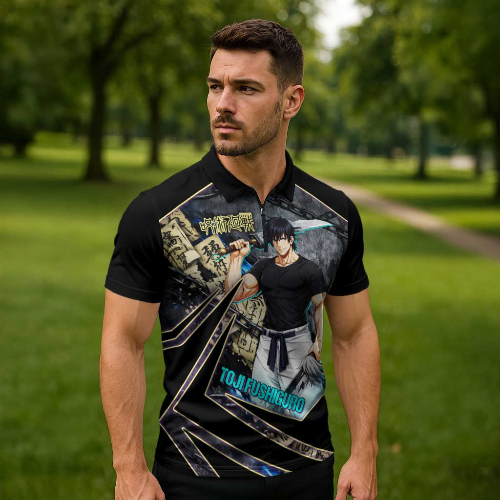 Toji Fushiguro Sorcerer Killer Zipper Polo Shirt Dark Scroll Samurai Ink Style
