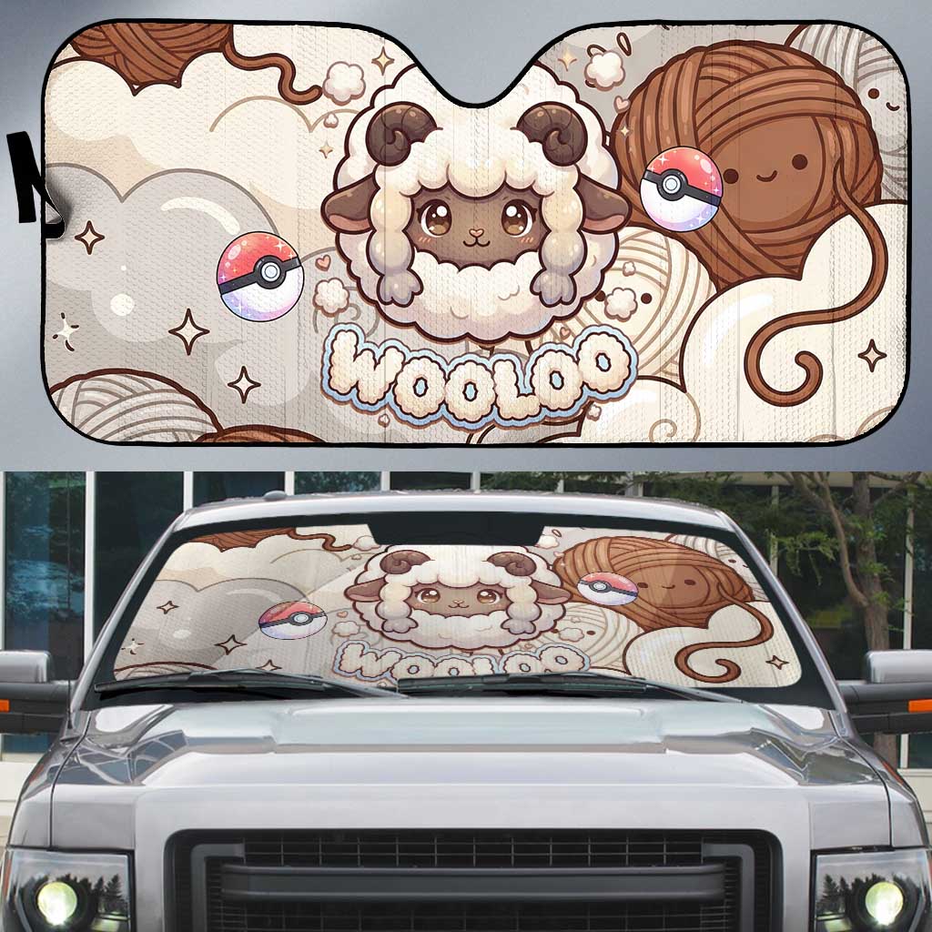 Wooloo Poké Kawaii Art Auto Sun Shade Cute Wooloo & Yarn Ball Pattern - Cozy Vibes