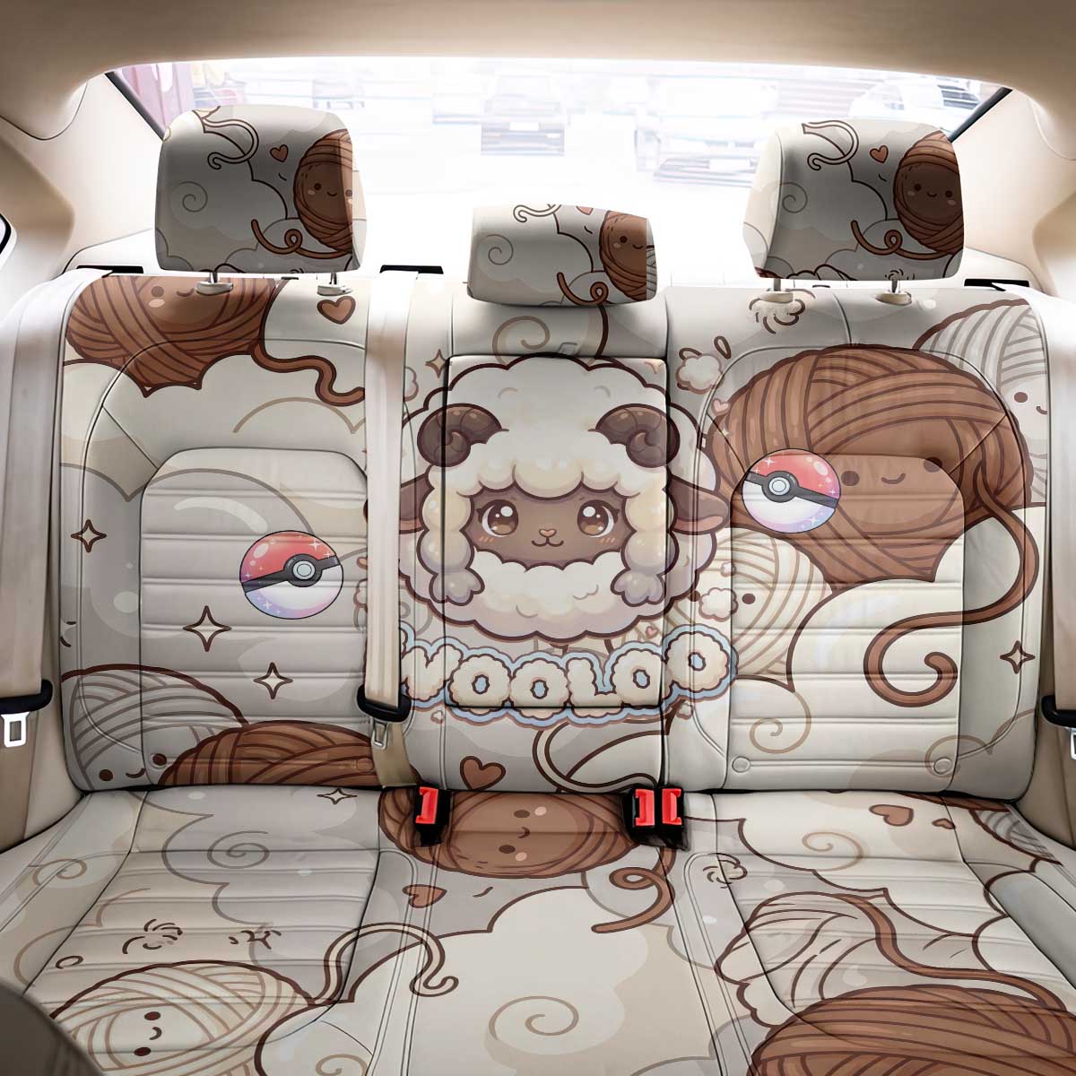 Wooloo Poké Kawaii Art Back Car Seat Cover Cute Wooloo & Yarn Ball Pattern - Cozy Vibes
