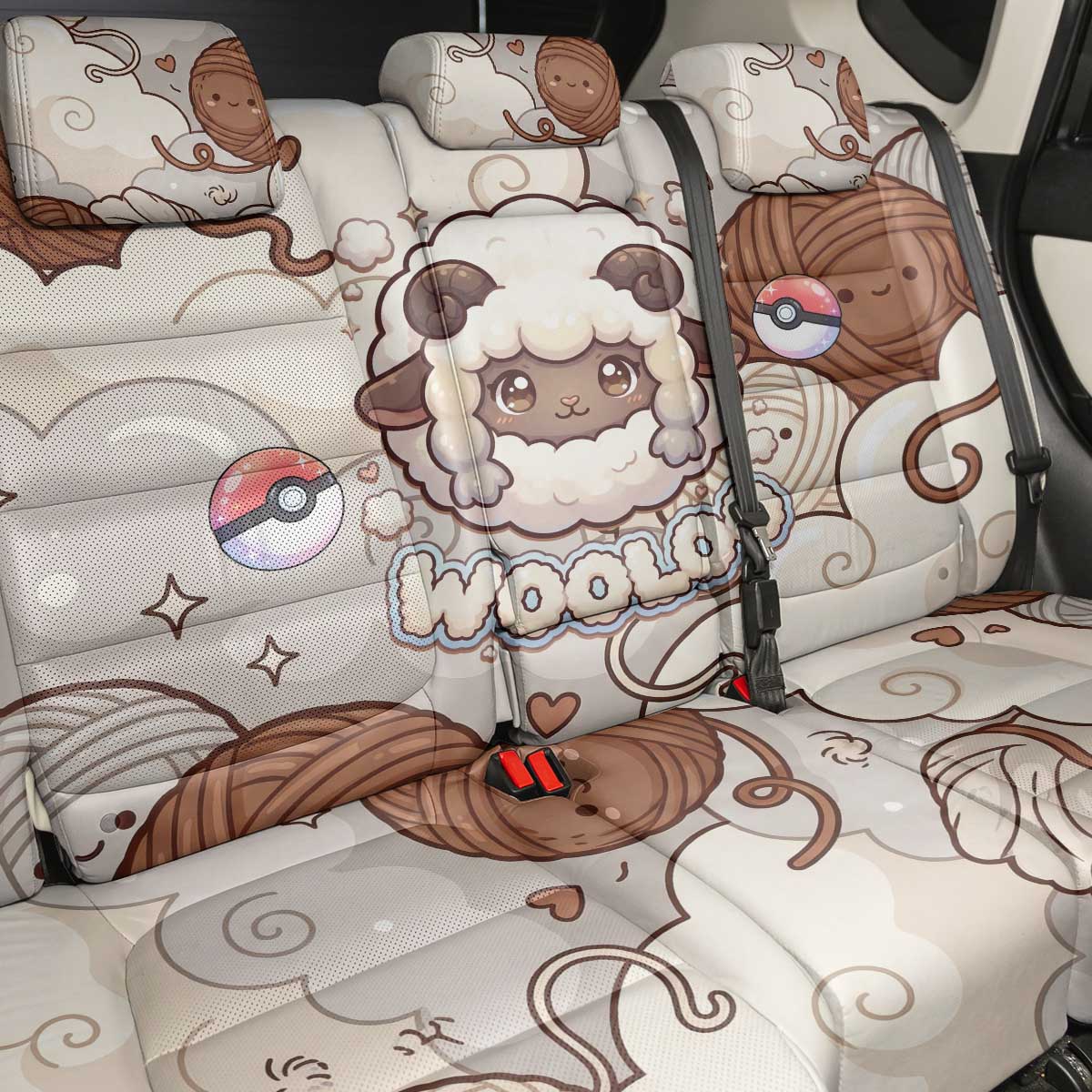 Wooloo Poké Kawaii Art Back Car Seat Cover Cute Wooloo & Yarn Ball Pattern - Cozy Vibes