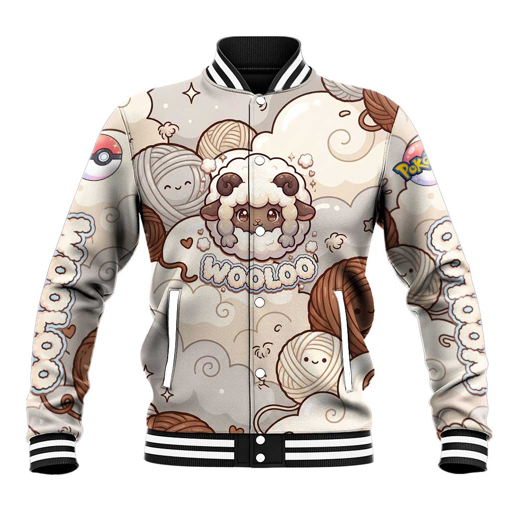 Wooloo Poké Kawaii Art Baseball Jacket Cute Wooloo & Yarn Ball Pattern - Cozy Vibes