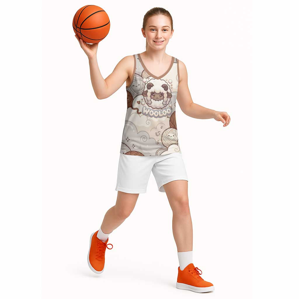 Wooloo Poké Kawaii Art Basketball Jersey Cute Wooloo & Yarn Ball Pattern - Cozy Vibes