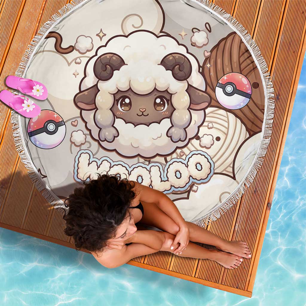 Wooloo Poké Kawaii Art Beach Blanket Cute Wooloo & Yarn Ball Pattern - Cozy Vibes