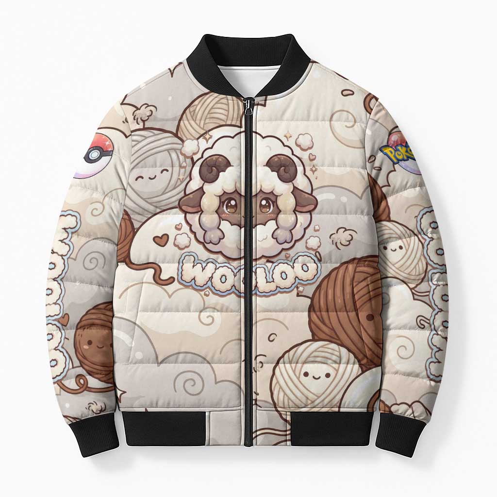 Wooloo Poké Kawaii Art Bomber Puffer Jacket Cute Wooloo & Yarn Ball Pattern - Cozy Vibes