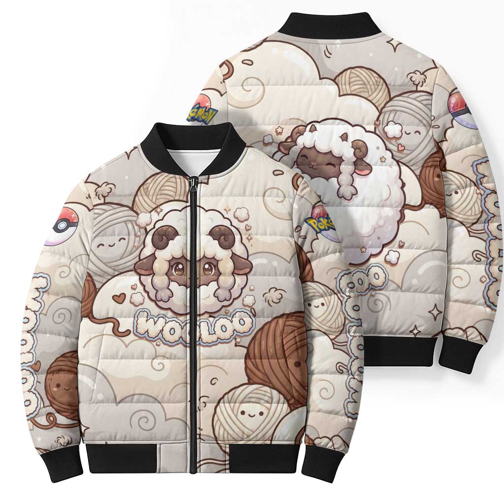 Wooloo Poké Kawaii Art Bomber Puffer Jacket Cute Wooloo & Yarn Ball Pattern - Cozy Vibes