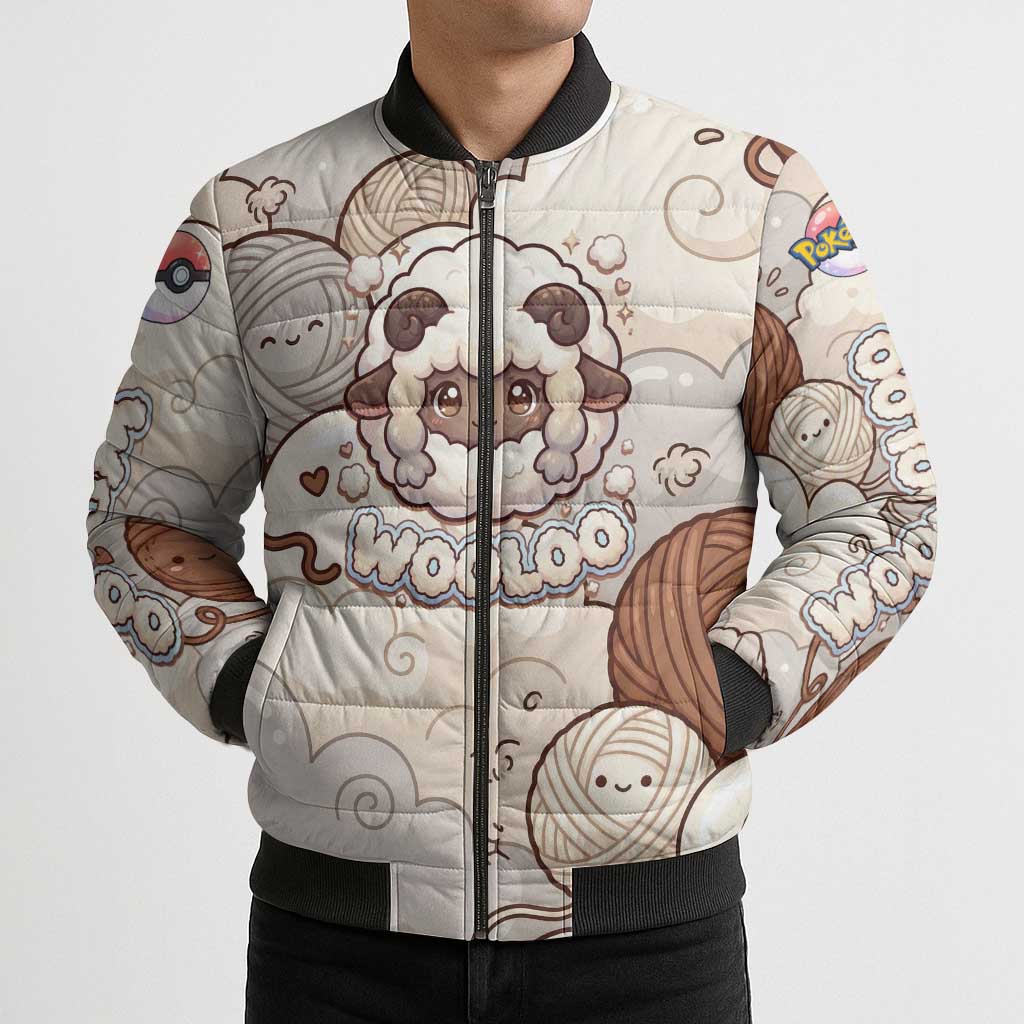 Wooloo Poké Kawaii Art Bomber Puffer Jacket Cute Wooloo & Yarn Ball Pattern - Cozy Vibes