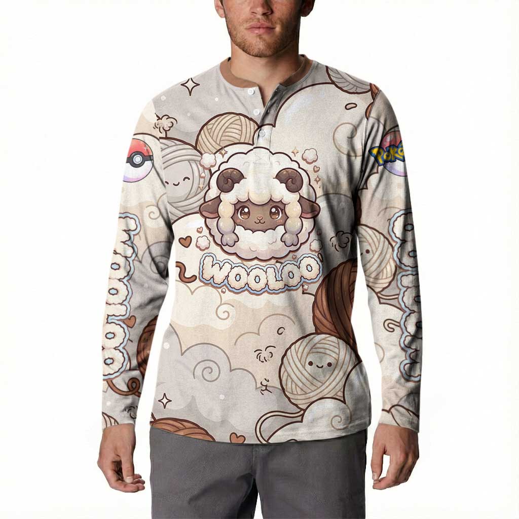 Wooloo Poké Kawaii Art Button Sweatshirt Cute Wooloo & Yarn Ball Pattern - Cozy Vibes