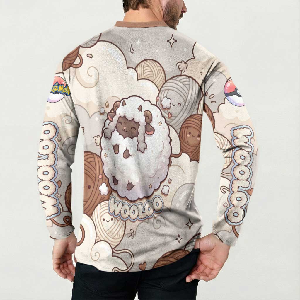 Wooloo Poké Kawaii Art Button Sweatshirt Cute Wooloo & Yarn Ball Pattern - Cozy Vibes