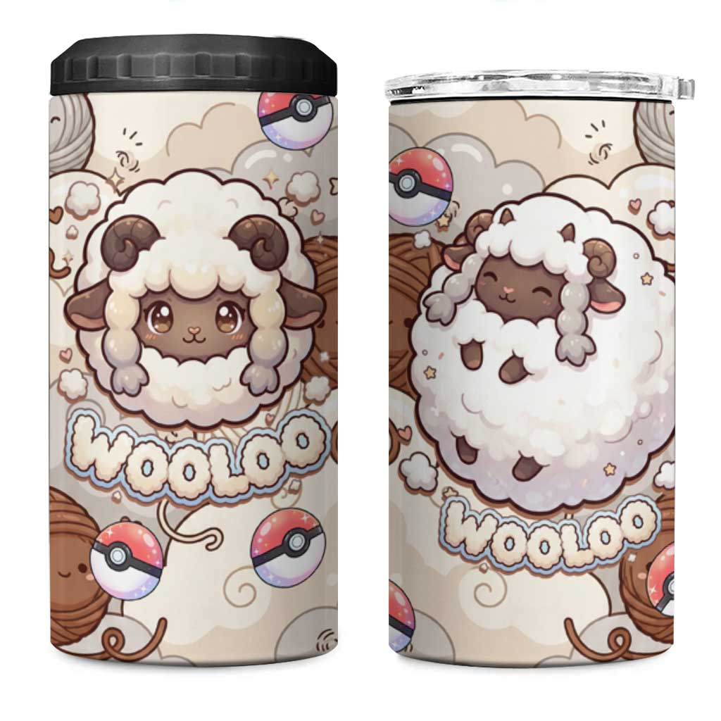 Wooloo Poké Kawaii Art 4 in 1 Can Cooler Tumbler Cute Wooloo & Yarn Ball Pattern - Cozy Vibes