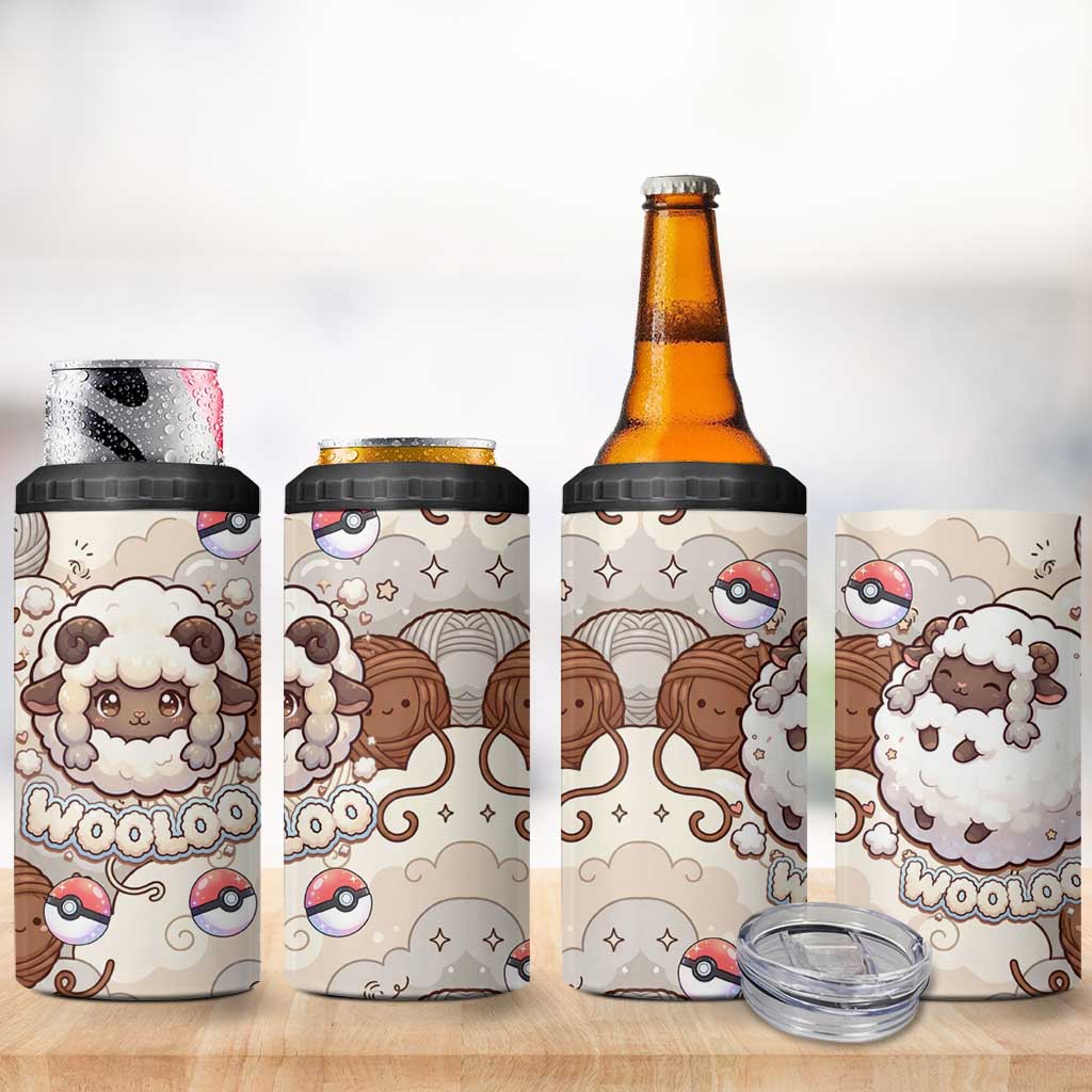 Wooloo Poké Kawaii Art 4 in 1 Can Cooler Tumbler Cute Wooloo & Yarn Ball Pattern - Cozy Vibes