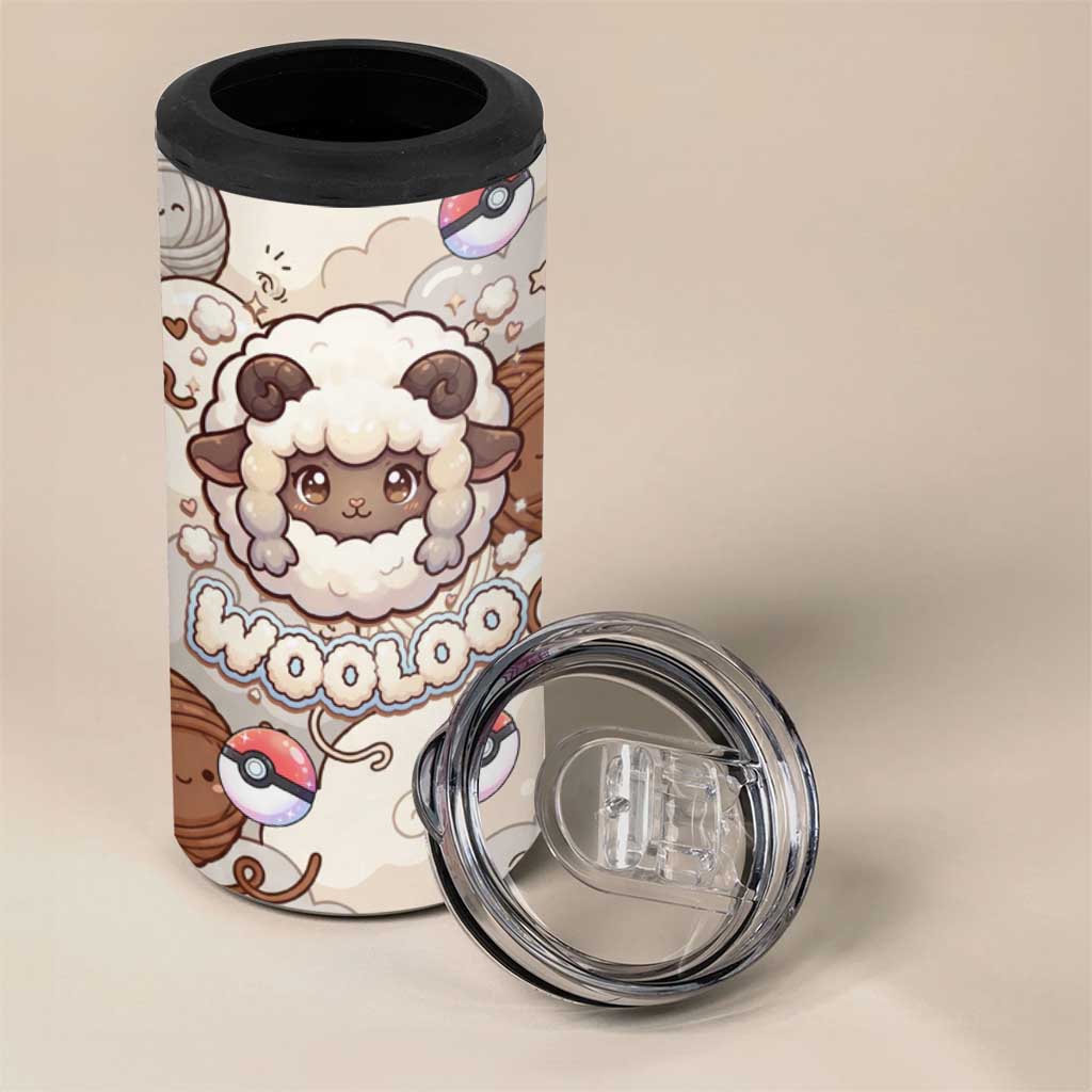 Wooloo Poké Kawaii Art 4 in 1 Can Cooler Tumbler Cute Wooloo & Yarn Ball Pattern - Cozy Vibes