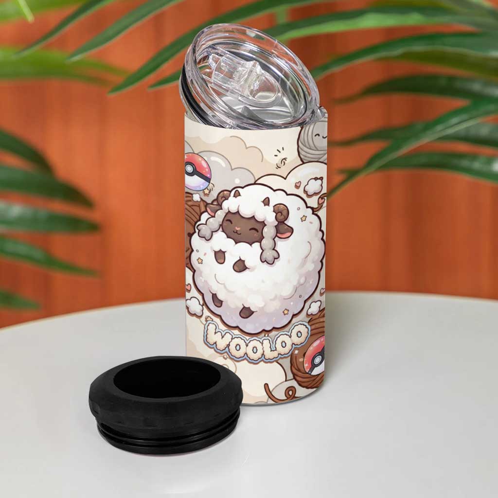 Wooloo Poké Kawaii Art 4 in 1 Can Cooler Tumbler Cute Wooloo & Yarn Ball Pattern - Cozy Vibes