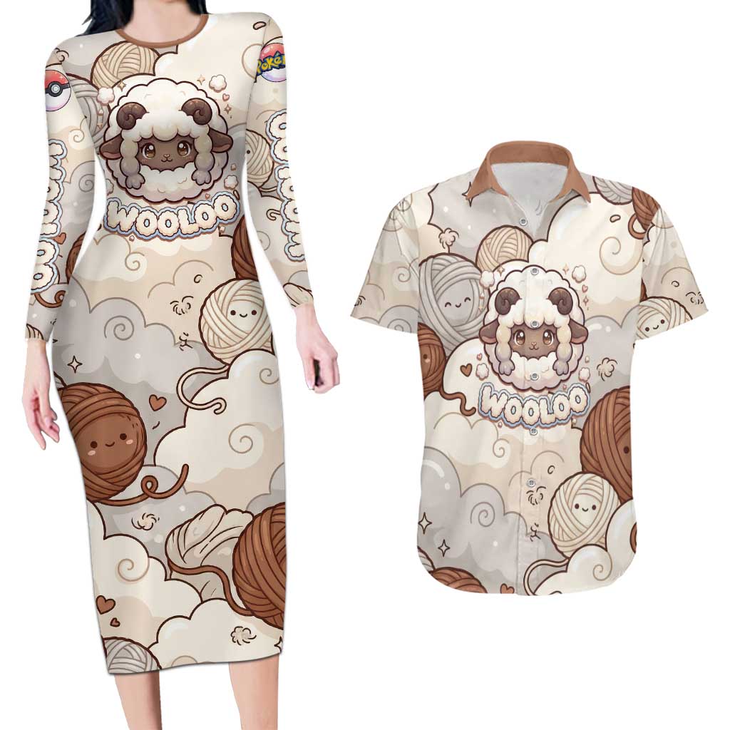 Wooloo Poké Kawaii Art Couples Matching Long Sleeve Bodycon Dress and Hawaiian Shirt Cute Wooloo & Yarn Ball Pattern - Cozy Vibes