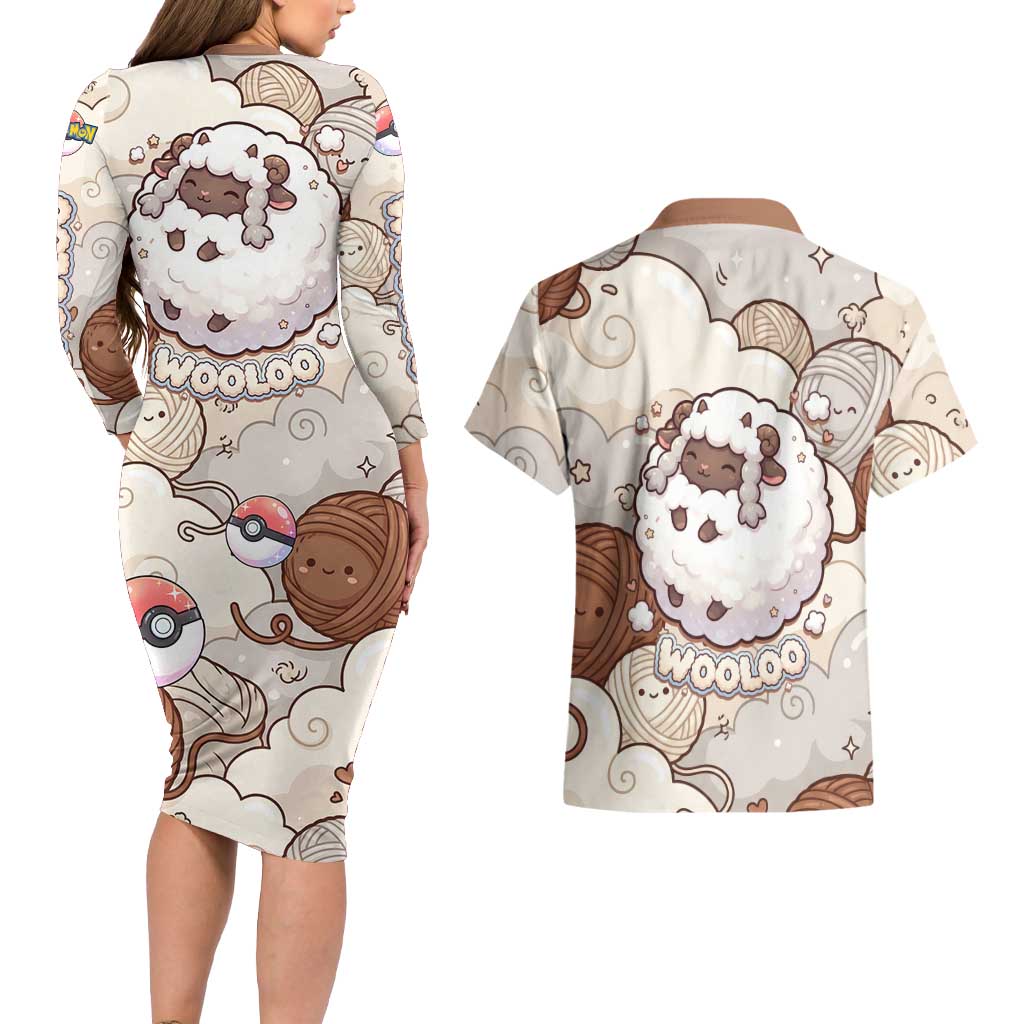 Wooloo Poké Kawaii Art Couples Matching Long Sleeve Bodycon Dress and Hawaiian Shirt Cute Wooloo & Yarn Ball Pattern - Cozy Vibes