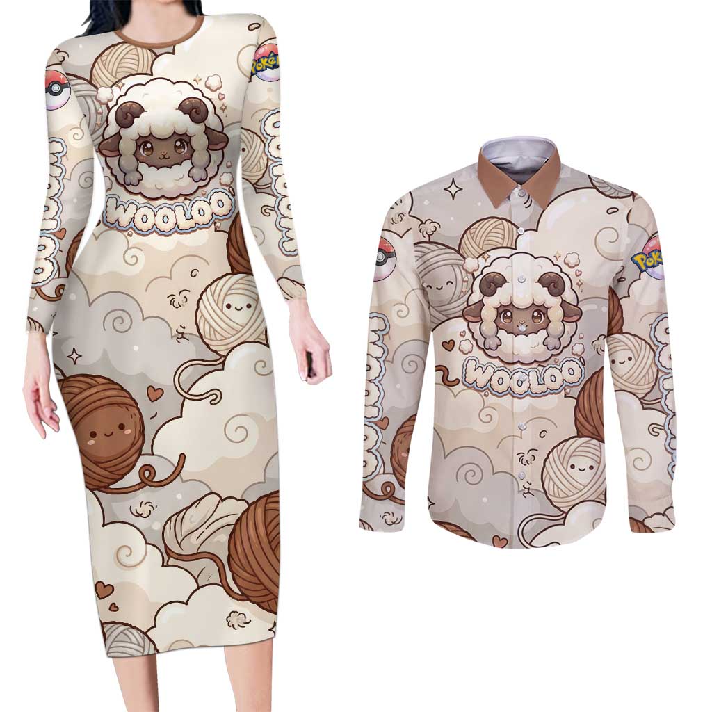 Wooloo Poké Kawaii Art Couples Matching Long Sleeve Bodycon Dress and Long Sleeve Button Shirt Cute Wooloo & Yarn Ball Pattern - Cozy Vibes