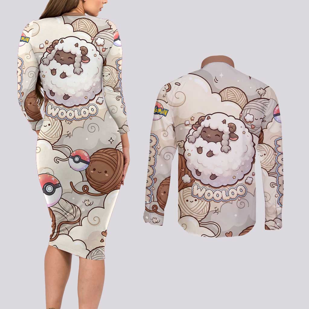 Wooloo Poké Kawaii Art Couples Matching Long Sleeve Bodycon Dress and Long Sleeve Button Shirt Cute Wooloo & Yarn Ball Pattern - Cozy Vibes
