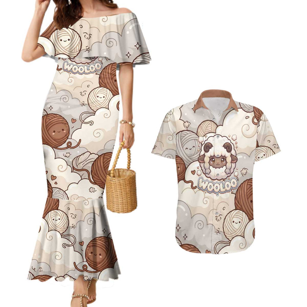 Wooloo Poké Kawaii Art Couples Matching Mermaid Dress and Hawaiian Shirt Cute Wooloo & Yarn Ball Pattern - Cozy Vibes