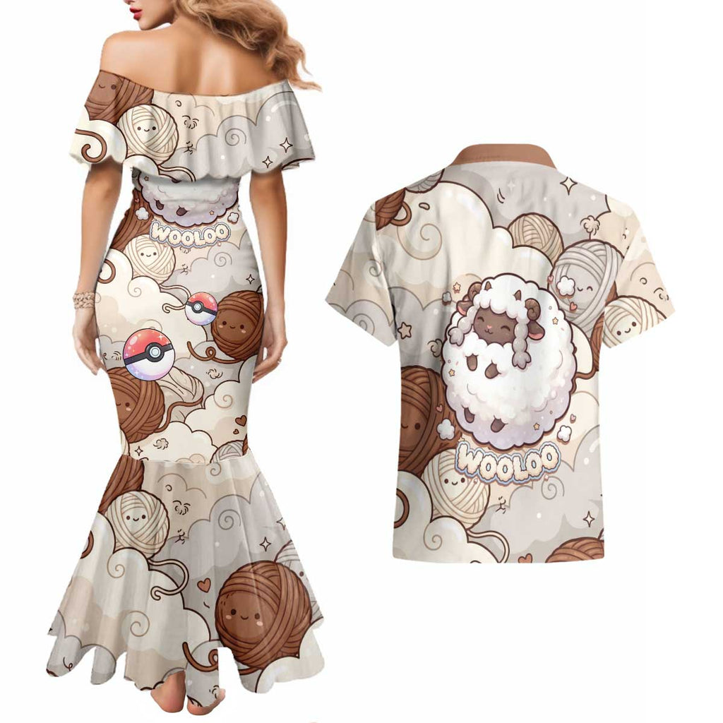 Wooloo Poké Kawaii Art Couples Matching Mermaid Dress and Hawaiian Shirt Cute Wooloo & Yarn Ball Pattern - Cozy Vibes