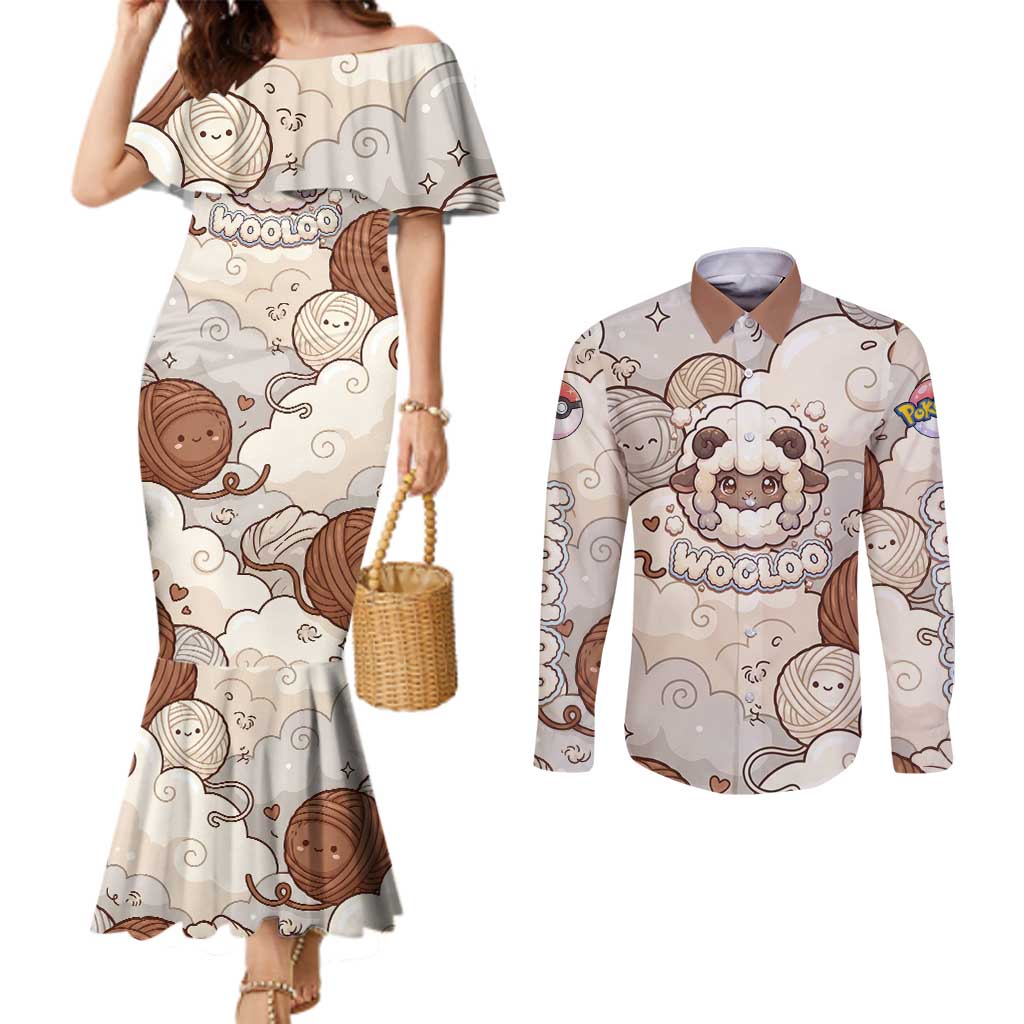 Wooloo Poké Kawaii Art Couples Matching Mermaid Dress and Long Sleeve Button Shirt Cute Wooloo & Yarn Ball Pattern - Cozy Vibes