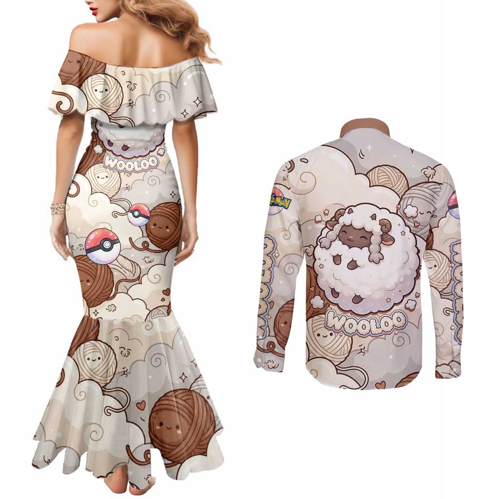 Wooloo Poké Kawaii Art Couples Matching Mermaid Dress and Long Sleeve Button Shirt Cute Wooloo & Yarn Ball Pattern - Cozy Vibes