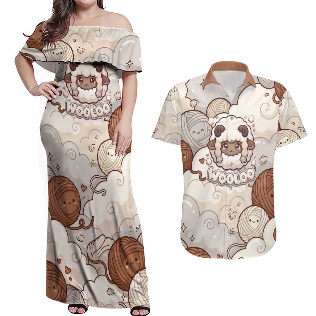 Wooloo Poké Kawaii Art Couples Matching Off Shoulder Maxi Dress and Hawaiian Shirt Cute Wooloo & Yarn Ball Pattern - Cozy Vibes