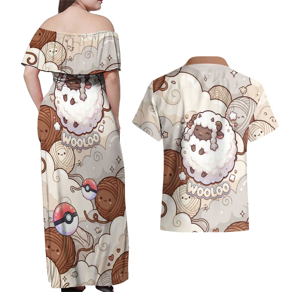Wooloo Poké Kawaii Art Couples Matching Off Shoulder Maxi Dress and Hawaiian Shirt Cute Wooloo & Yarn Ball Pattern - Cozy Vibes