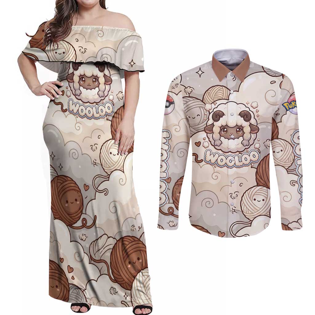 Wooloo Poké Kawaii Art Couples Matching Off Shoulder Maxi Dress and Long Sleeve Button Shirt Cute Wooloo & Yarn Ball Pattern - Cozy Vibes
