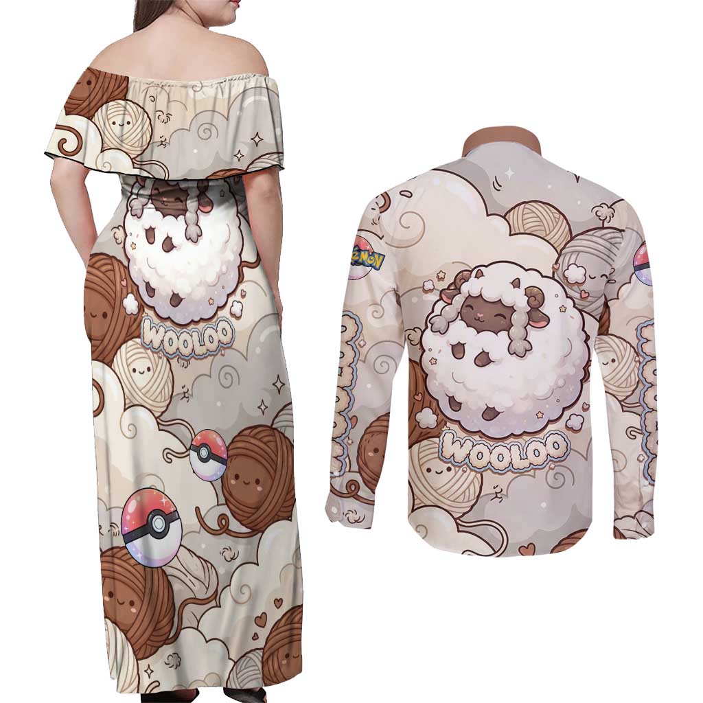Wooloo Poké Kawaii Art Couples Matching Off Shoulder Maxi Dress and Long Sleeve Button Shirt Cute Wooloo & Yarn Ball Pattern - Cozy Vibes