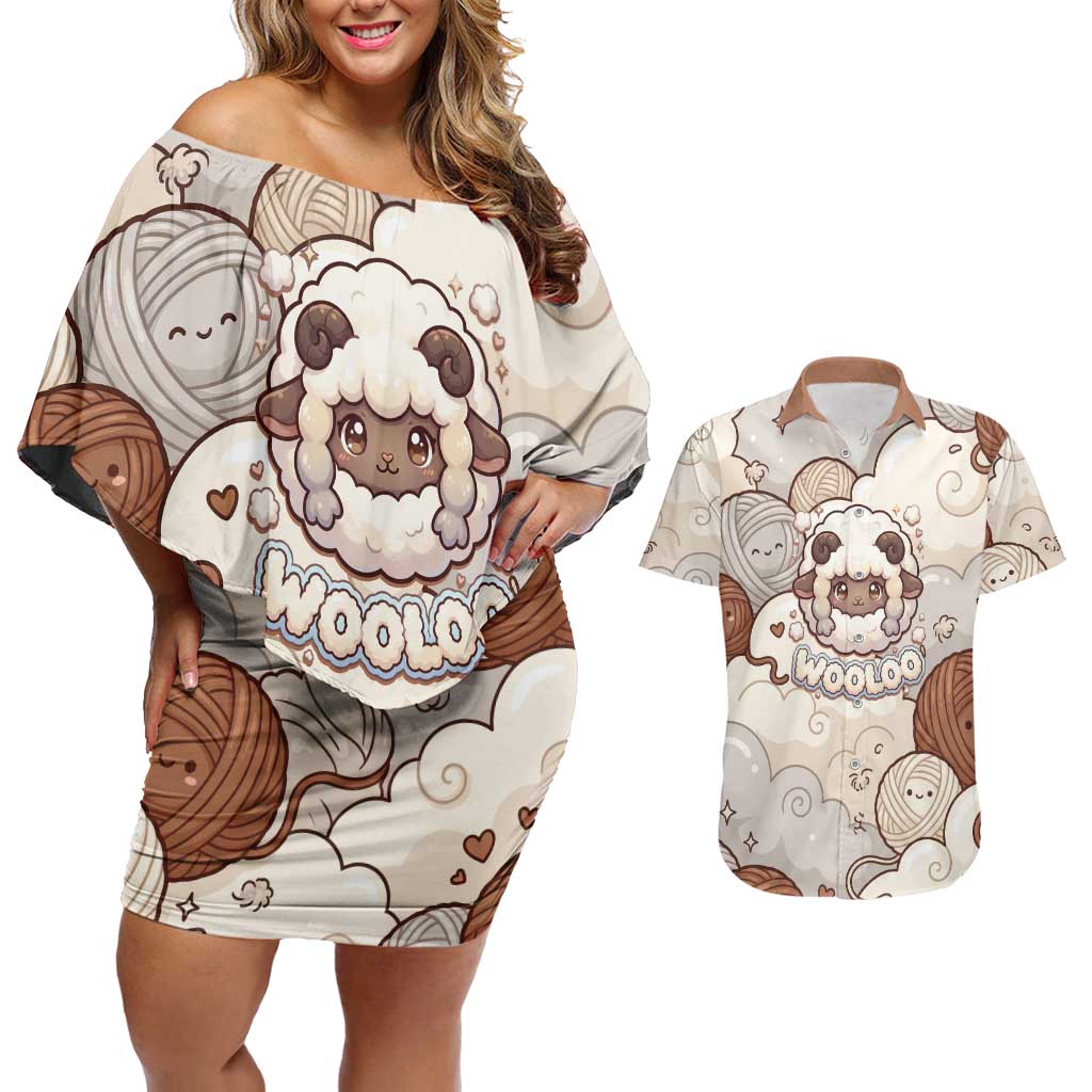 Wooloo Poké Kawaii Art Couples Matching Off Shoulder Short Dress and Hawaiian Shirt Cute Wooloo & Yarn Ball Pattern - Cozy Vibes