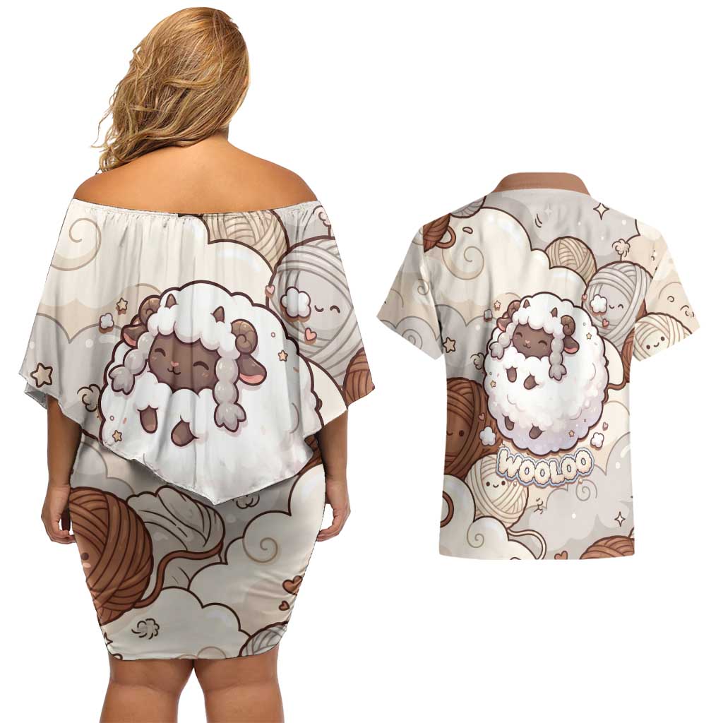 Wooloo Poké Kawaii Art Couples Matching Off Shoulder Short Dress and Hawaiian Shirt Cute Wooloo & Yarn Ball Pattern - Cozy Vibes