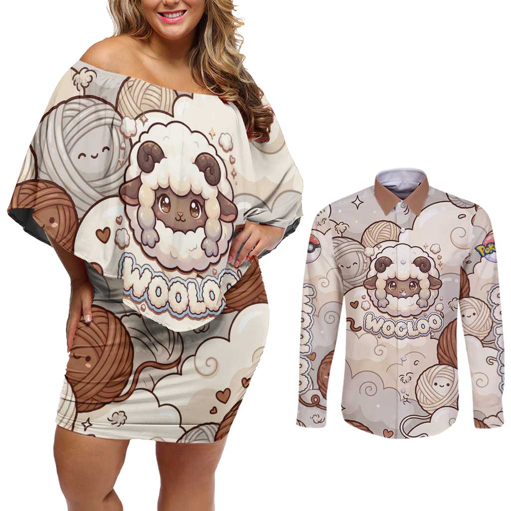 Wooloo Poké Kawaii Art Couples Matching Off Shoulder Short Dress and Long Sleeve Button Shirt Cute Wooloo & Yarn Ball Pattern - Cozy Vibes